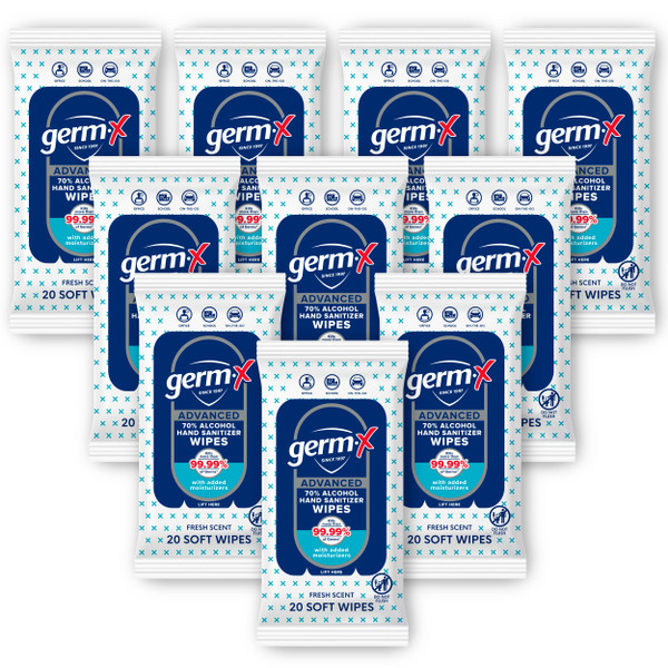 Germ-X Advanced Single-Use Hand Sanitizer Wipes, 20 Soft Wipes (Pack of 10), Fast-Drying & No Rinse Plant-Based Alcohol, Moisturizing Hand Sanitizer with 70% Alcohol