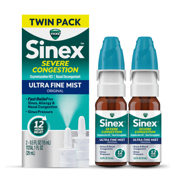 Vicks Sinex SEVERE CONGESTION Nasal Spray, Original Ultra Fine Mist Nose Spray, Nasal Decongestant Sinus Medicine, Nasal Congestion Relief & Sinus Pressure Relief due to Cold or Allergies, 530 Sprays