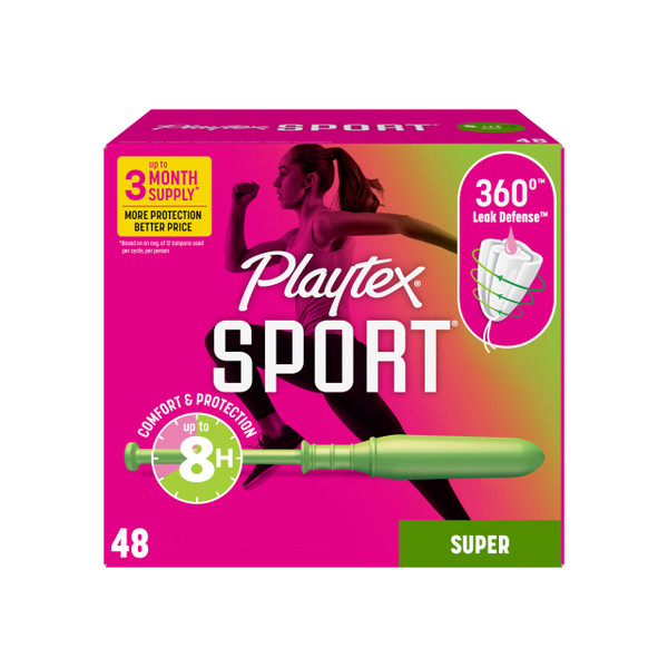 Playtex Sport Tampons Super, with 360 Leak Defense, Fragrance Free, 48 ct