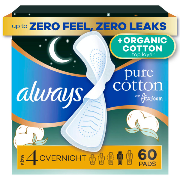 Always Radiant Feminine Pads for Women, Flexfoam Pads with Wings, Size 4, Overnight Absorbency, Lightly Scented, 60 Count (3 Packs of 20)