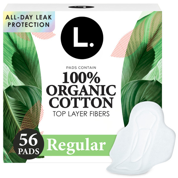 L. Ultra Thin Pads for Women, Regular Absorbency, Organic Cotton Top Layer, Unscented Pads with Wings, 56 Count
