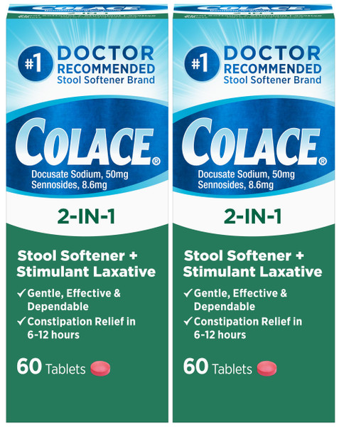 Colace 2-in-1 Stool Softener Plus Stimulant Laxative Tablets, 60 Count (Pack of 2), Gentle Constipation Relief, Docusate Sodium Plus Sennosides