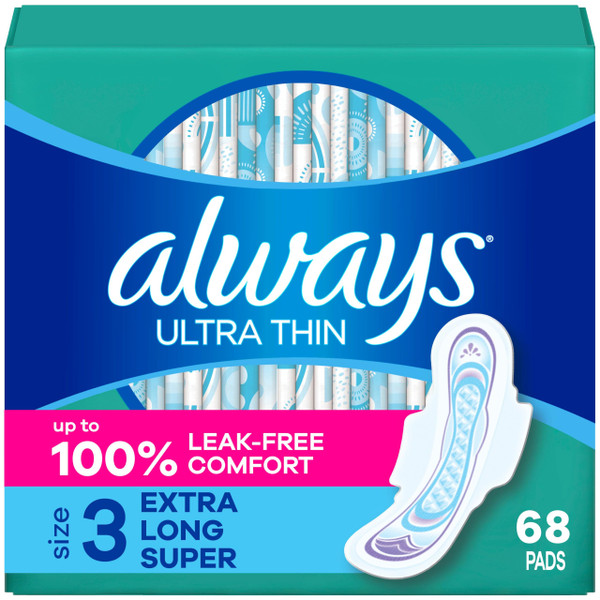 Always Ultra Thin Feminine Pads with Wings for Women, Size 3, Extra Long Super Absorbency, Unscented, Up to 100% Leak-Free Protection, 68 Count