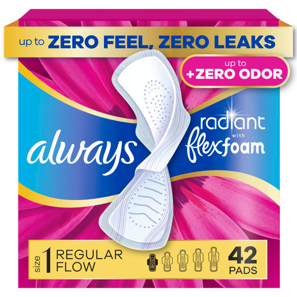 Always Radiant Feminine Pads for Women, Flexfoam Pads with Wings, Size 1, Regular Absorbency, Lightly Scented, 42 Count