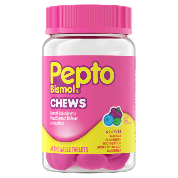 Pepto Bismol Berry Mint Chews, Upset Stomach Relief, Nausea Relief, Heartburn Relief, Indigestion Relief, Anti Diarrhea Medication for Adults - 5 Symptom Fast Relief, 48 Chewable Tablets