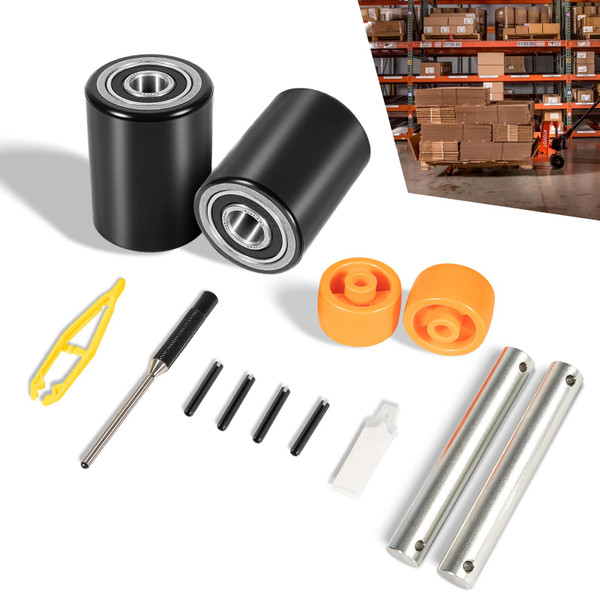 Complete PTH50 Pallet Jack Front Load Wheels Replacement Kit for Crown PTH50 Pallet Jack, with Axles, Load Wheels 2.75" x 3.75", Entry Rollers, Tools & Hardware- 20mm ID Bearings Black PU Tread