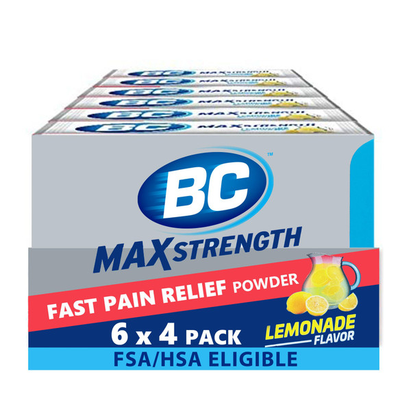 BC Max Strength Headache Relief Powder, Triple-Action Formula with Acetaminophen, Aspirin & Caffeine Eases Aches & Pains, Lemonade Flavor, 4 Count, 6 Pack