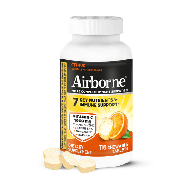 Airborne Citrus Chewable Tablets, 116ct | Immune Support Supplement with 1000mg Vitamin C + Vitamins A, D, E, Zinc,Selenium, & Manganese | Herbal Blend | Gluten Free