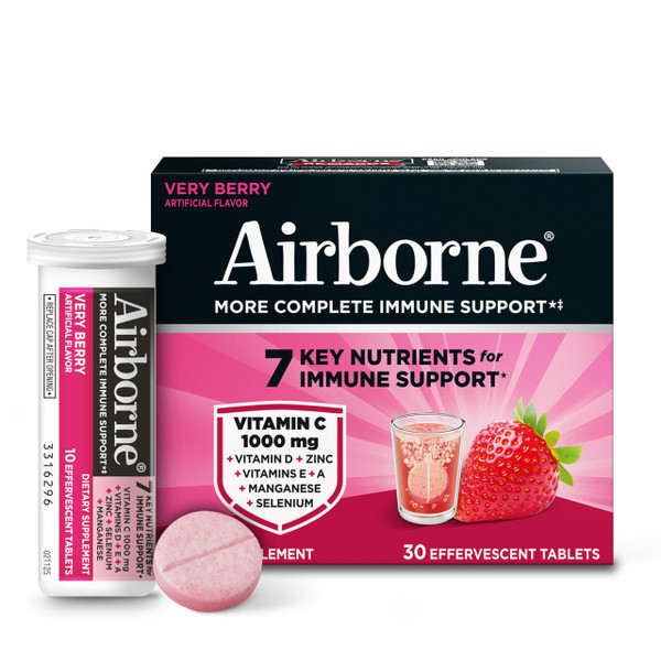 Airborne Immune Support Effervescent Tablets, Very Berry Flavor - 30ct with 1000mg Vitamin C + Vitamins A, D, E, Zinc, Selenium, Manganese & Herbal Blend - Sugar‑Free, Gluten‑Free