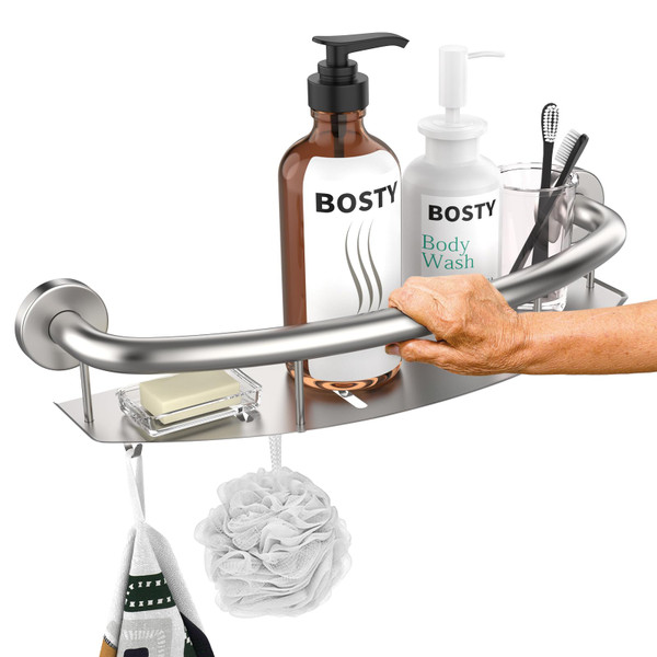 Brushed Nickel Grab Bar with Storage Shelf, Grab Bar for Bathtub and Shower