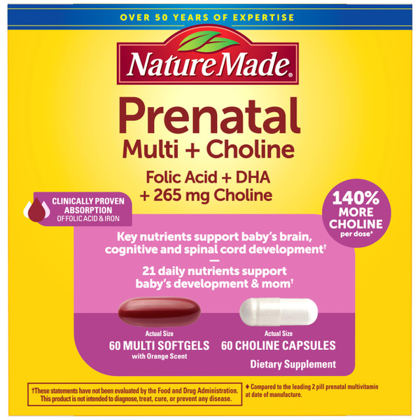 Nature Made Prenatal Vitamin Softgels + Choline Capsules, 60 Count of Each