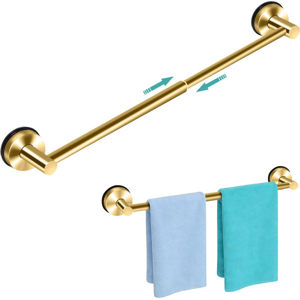 MGahyi Towel Racks for Bathroom, Adjustable Suction Cup Towel Bar, Stainless Steel Towel Bar for Bathroom Wall, Glass Door, Tile, Extendable No Drill Bath Shower Towel Holder (1, Gold, 14.6-24In)