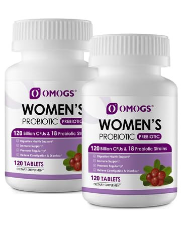 OMOGS 2PCS Women's Probiotic, with Cranberry Extract, Organic Prebiotics & Vitamin C, 120 Billion CFUs,18 Strains, Help for Boost Immune, Digestive, Gut Health & Women's Health, 240 Tablets