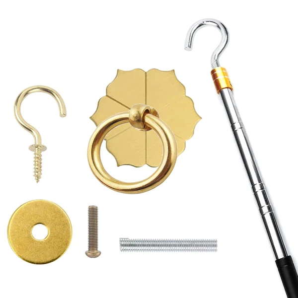 Ladder Pull Down System Kit - BCEHACBITI Attic Pull System Hook Cord Set Replacement for Cord Ropes with 60 Inch Extension Pole and Copper Storage Hook Handle Parts Tool