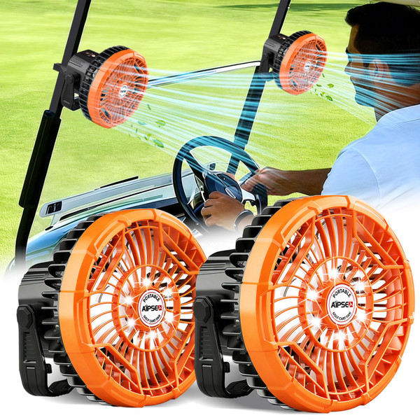 AIPSET 36 Hrs Long Runtime Golf Cart Fan 7-Inch Large Battery Powered Golf Fan w/3 Speeds & LED Bright Light, Remote Control, w/Hang Hook, Can Charge Your Phone, Stay Firmly, 2 PCS