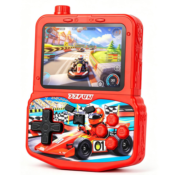 JJFUN Kids Handheld Game Console - Racing Car Theme with 220+ Classic Games, 3.5'' IPS Color Screen, Rechargeable Battery, Built-in Stand, Retro Gaming Device Ideal Gift for Boys Girls (Red)