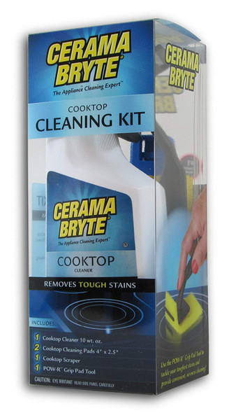 Cerama Bryte Combo Kit POW-R Grip, Scraper, Pads & Removes Tough Stains Cooktop and Stove Top Cleaner for Glass - Ceramic Surfaces, 10 Ounces, 5 Piece
