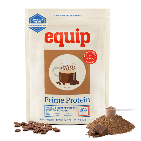 Equip Prime Mocha Protein Powder - Gut-Friendly, No Sugar Protein Shake Powder with Grass-Fed Beef & Natural Collagen - Rich & Creamy Mix - 21g Per Serving - Whey & Dairy-Free (30 Scoops)