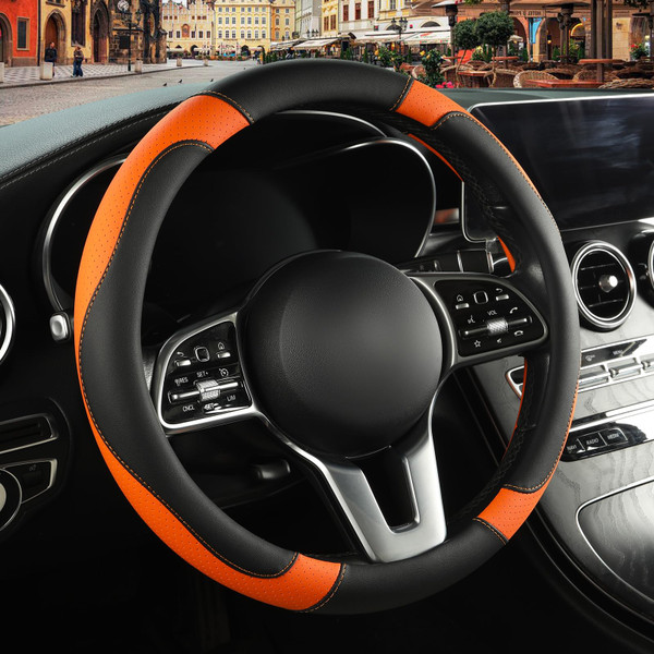 Binsheo Black Orange Microfiber Leather Steering Wheel Cover 15 inch
