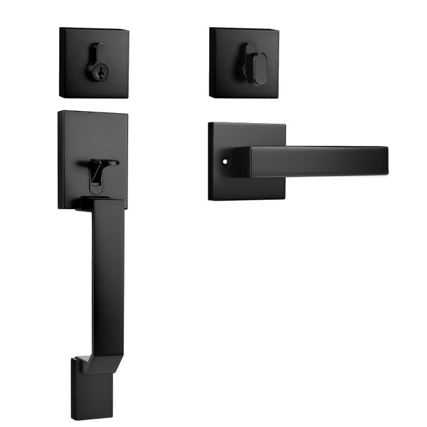 Probrico Black Front Door Handle Set,Exterior Door Handle with Deadbolt,Entry Door Lock Set,Single Keyed Cylinder with Door Lever
