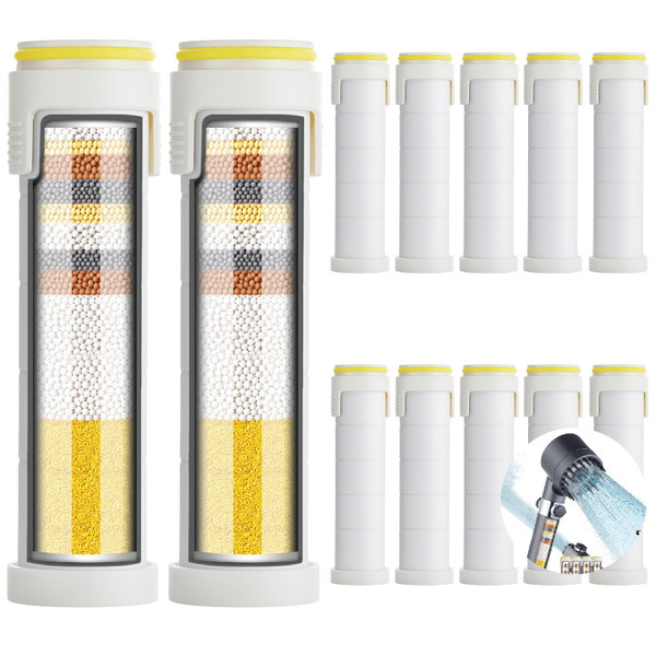 CWPW Shower head filter 12-pack,18-Stage Advanced Shower Filter Cartridge - Mineral Enrichment, Chlorine & Heavy Metal Removal, Skin & Hair Revitalization