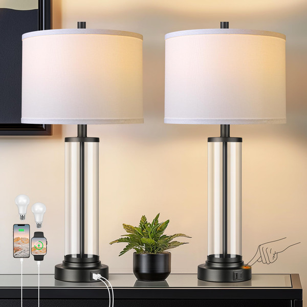 Glass Table Lamps Set of 2, Modern Black Dimmable Beside Lamps for Bedroom