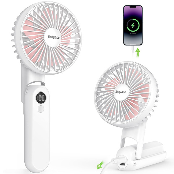 EasyAcc Portable Handheld Fan with 2600 Capacity Built-in Battery, 5 Speeds, Backup Power, Digital Display, Lanyard, Foldable Rechargeable Fan for Travel and Hot Flashes, Pink