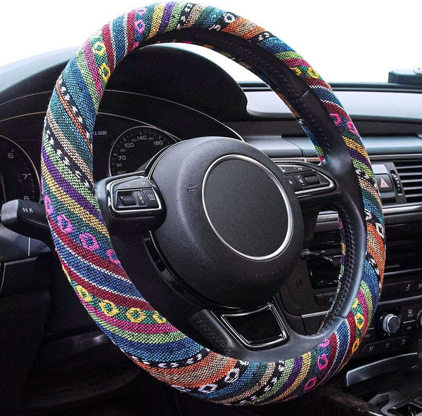 Limsas Boho Steering Wheel Cover Elastic Microfiber for Women, Universal Fit 15 inch Car SUV, Hippie Style Protector Cover, Anti-Slip, Breathable, Absorbing Sweat - 01