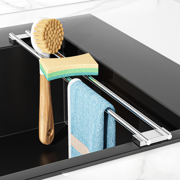 XILIMEN Dish Cloth Holder for Kitchen Sink, Adjustable Over-The-Sink Dish Rag Rack, Metal Kitchen Racks Sink Brush Holder, Drying Rack for Dishcloths, Sponges, Brushes, and Bottles (1, Sliver)
