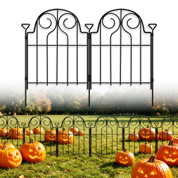 Decorative Garden Fence 17in x 10ft,10 Panels,Metal Halloween Fence Black