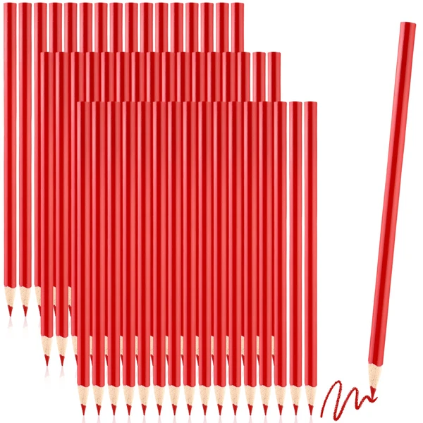 Youdaju 48Pcs Red Marking Pencil Red Glass Marking Pencil Carpenter Pencil Red Wooden Grease Pencil Wax Pencil Red Crayon Pencils Artists' Single Pencil for Architect Drawing Marking