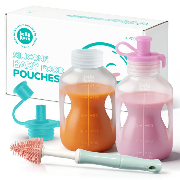 Jelly Ruru Silicone Reusable Baby Food Pouches, 5oz Squeeze Pouch, 2 Pack