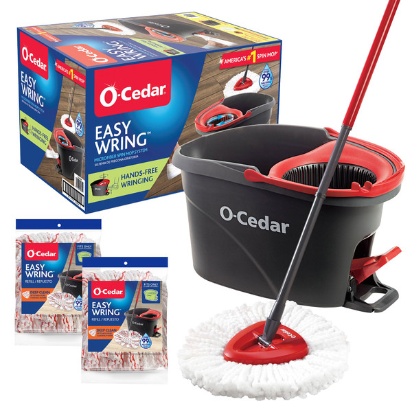 O-Cedar EasyWring Spin Mop & Bucket System | Microfiber Floor Cleaning System | Includes 3 Mop Heads (1 Standard + 2 Deep Clean Refills) | Machine Washable & Reusable