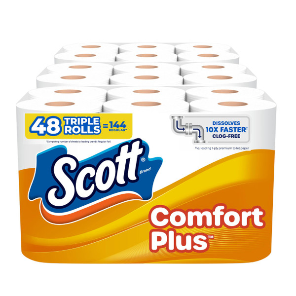 Scott ComfortPlus Toilet Paper, 48 Triple Rolls, 231 Sheets per Roll, Septic-Safe, 1-Ply Toilet Tissue