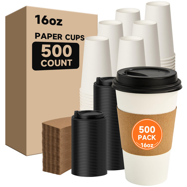 METAPRINT 500 Pack 16 oz Disposable Coffee Cups with Lids and Sleeves,White