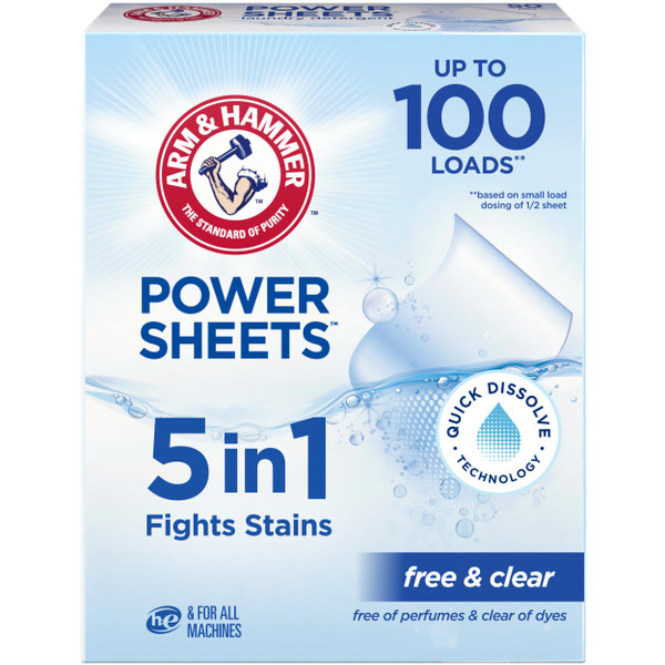 ARM & HAMMER 5in1 Power Sheets Laundry Detergent, Free & Clear, 50 Count