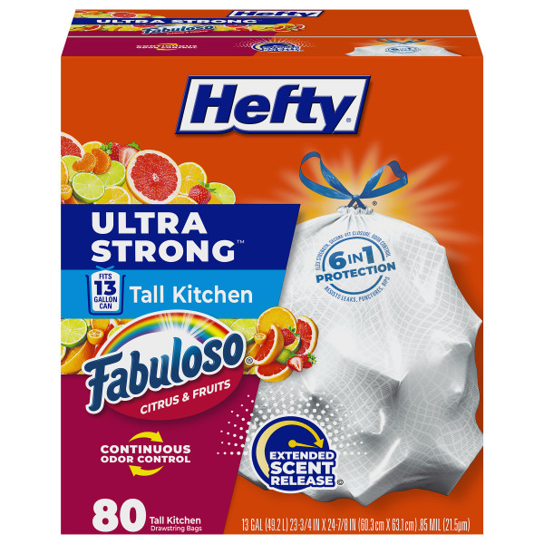 Hefty Ultra Strong 13 Gal Kitchen Trash Bags, White, Fabuloso Citrus, 80ct
