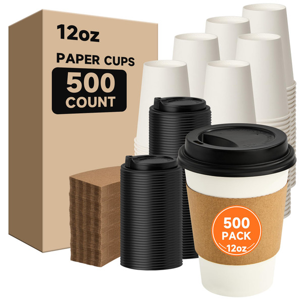 METAPRINT 500 Pack 12 oz Disposable Coffee Cups with Lids and Sleeves,White