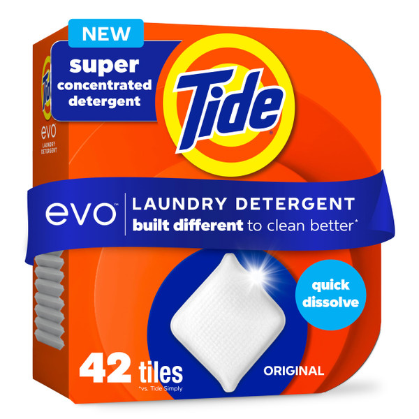 Tide evo Laundry Detergent Original Scent Works on 100% of Common Stains Concentrated Travel Detergent HE Compatible and Instant Dissolve Fights Stains Better than Leading Detergent Sheet, 42 Count