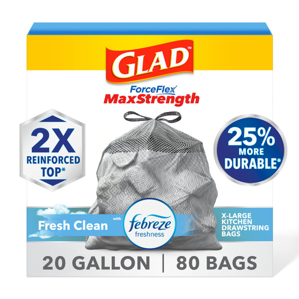 Glad ForceFlex MaxStrength Kitchen Trash Bags, Rip and Tear Resistant, Fresh Clean Scented Large Garbage Bags, Odor Control, Febreze Freshness, 20 Gallon Trash Bags, 80 Count