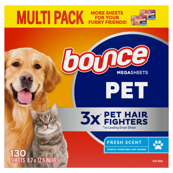 Bounce Pet Hair and Lint Guard Mega Dryer Sheets with 3X Pet Hair Fighters, Fresh Scent, 130 Count