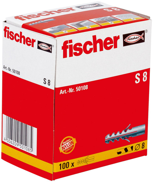 fischer S8 Universal Wall Anchors for Concrete and Solid Masonry, 5/16" x 1-9/16" (8 x 40 mm), Rimless Nylon, Two-Direction Expansion - 100 Anchors
