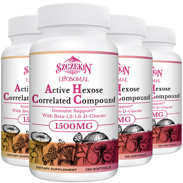 SZCZEKIN 1500mg Liposomal Active Hexose Supplement, 480 Soft Gels Beta-Glucans with Natural Mushroom Extract, Support Immune Health, Liver Function, Maintain T-Cell & Killer Cell Activity, Pack of 4