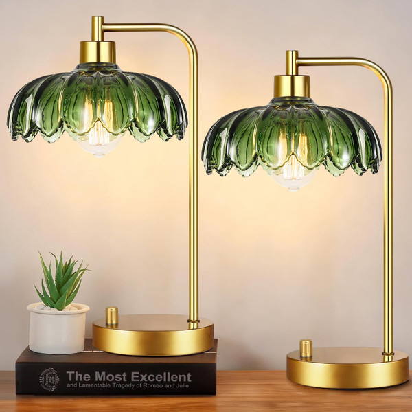 AHDWDW Gold Table Lamp for Living Room Bedroom Set of 2,Stepless Dimmable Bedside Lamps with Green Glass Shade,Industrial Nightstand Lamps for Office Home Decor(Bulb Included)