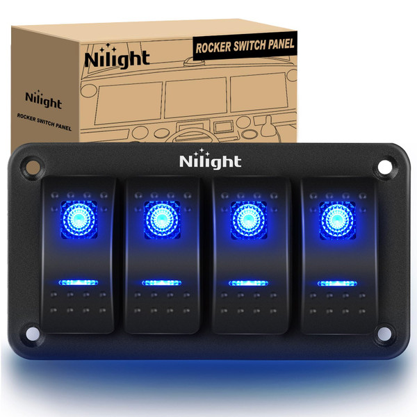 Nilight - 90109D 4 Gang Aluminum Rocker Switch Panel Toggle Dash 5 Pin ON/Off Pre-Wired Rocker Switch Blue Backlit Switch for Automotive Car Marine Boat RV,2 Years Warranty
