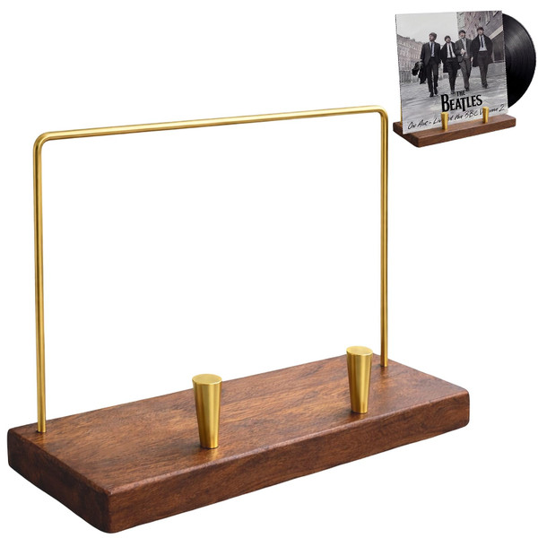 Vinyl Record Holder, Solid Black Walnut LP Display Stand with Brass Frame