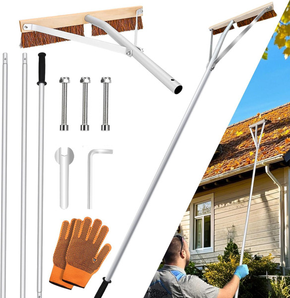 Leaf Roof Brush with Gloves, Roof Rake Remove Leaves, Adjustable 5-21ft Roof Cleaning Brush Tool for Shingles, Corrugated, Solar Panel, Lightweight Long Handle Extension Aluminum Poles Broom (21FT)