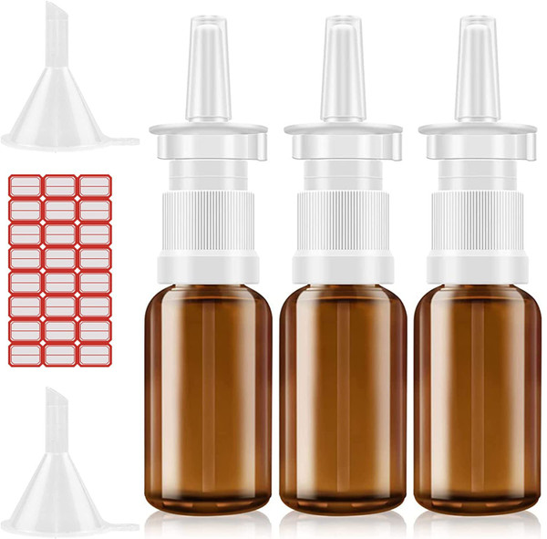 Nasal Spray Bottle, 3 Pcs 30ML/1oz Glass Amber Refillable Fine Mist Sprayers Atomizers, Small Empty Nasal Sprayer with Funnels and Labels