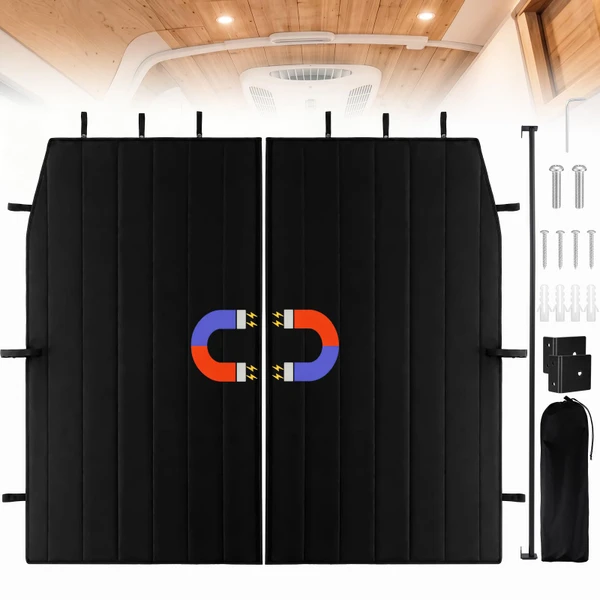 Briwooody Van Cabin Curtain with Rod 71 x 63 Inch Van Divider Privacy Curtain with Magnetic Insulated Blackout Shades for Vehicles Closure Headliner Shelf Campervan Car Camping Sleeping Accessories