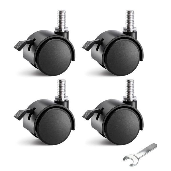 1.5 Inch Threaded Stem Furniture Casters, Metric M8 Nylon Plastic Swivel Locking Casters Set of 4, for Office Chairs, Shelves, Carts, Workbenches.